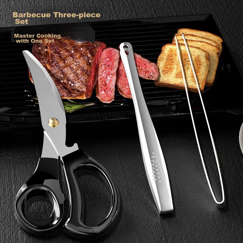 Weijian 3-Piece Stainless Steel Barbecue Tongs, Steak And Meat Scissors, Kitchen Food Equipment Set