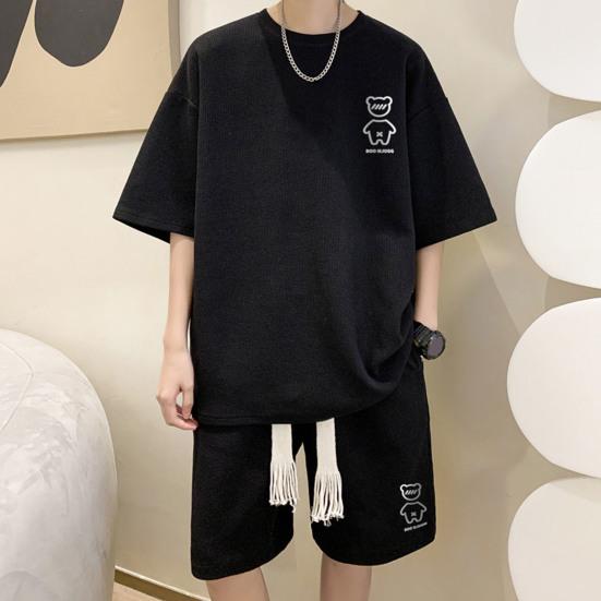 2 Pcs/Set Men Summer Tracksuit Cartoon Bear Korean Style Half Sleeves Sports Drawstring Casual Top Shorts Suit Male Clothes