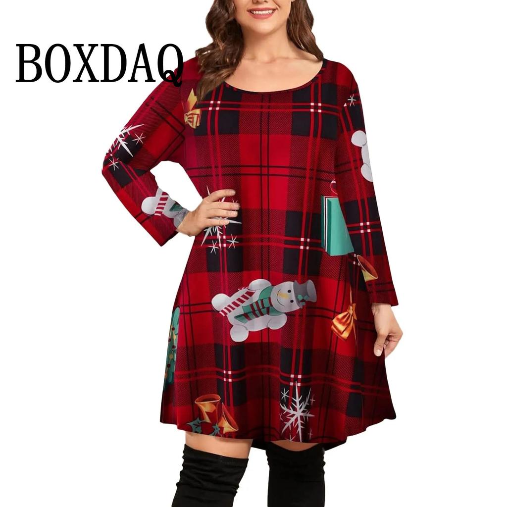 Casual Christmas Dress For Women Plaid Long Sleeve Christmas 3D Printed Loose A-Line Dress Plus Size Autumn Winter Dresses
