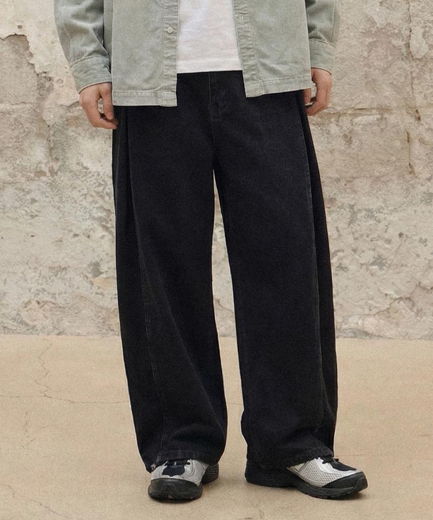 AGOD Vintage Side-Tuck Wide Denim Pants [All Black]