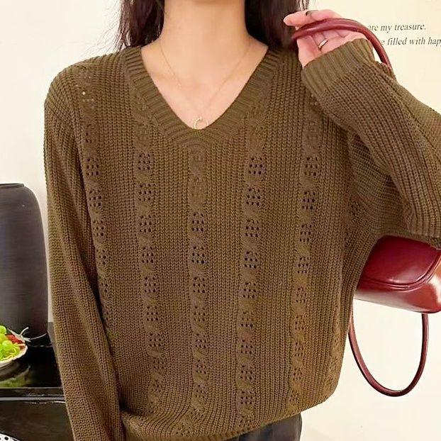 

Женский свитер большого размера с короткими рукавами и низким вырезом, нишевый, женский, скрывающий полноту плеч, тонкой вязки 6XL кофейный