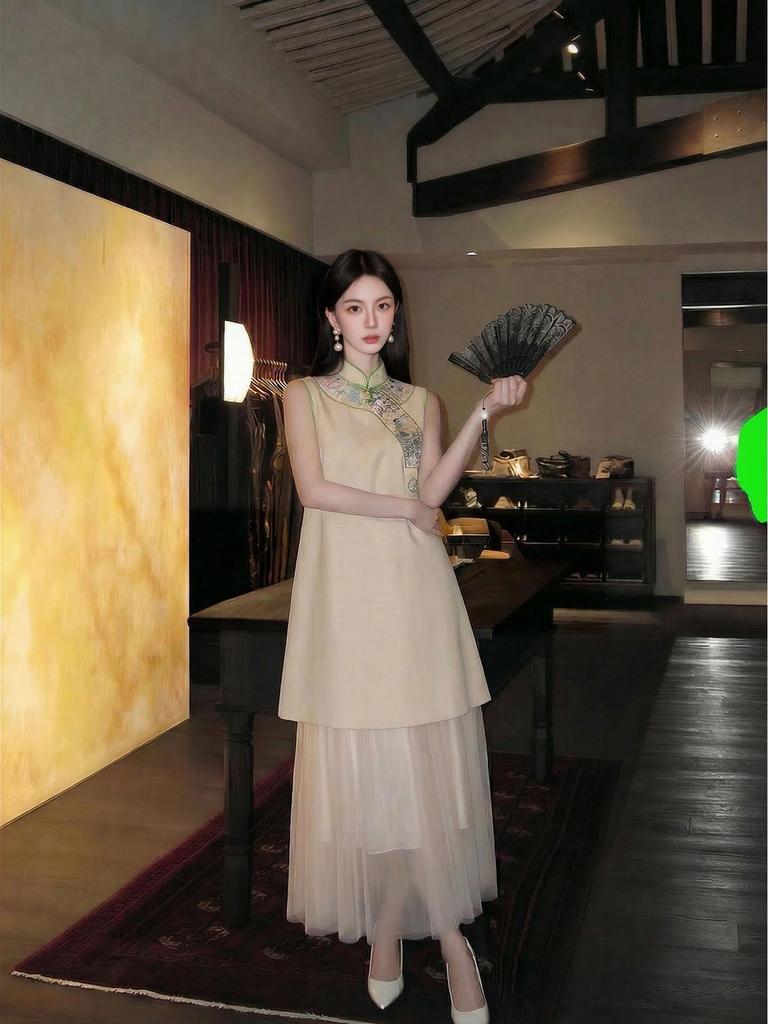 2026 Sommer A-Linien-Ärmelloses Kleid im chinesischen Stil mit Stickerei - P0150