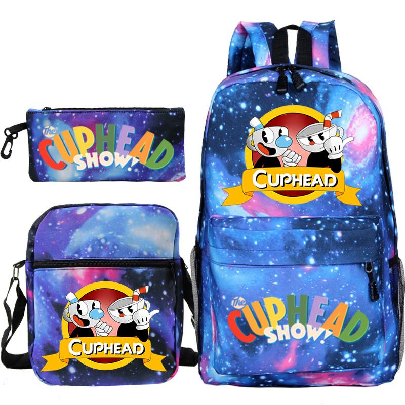 Cartoon Teacup Head Cuphead Student School Bag Backpack Three-piece Set Children's Shoulder Bag Pencil Bag