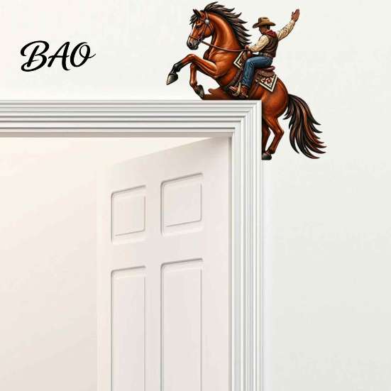Rustic Home Ornaments Western Horse Wooden Door Topper Decor, 2D Printed Frame Vintage Interior Wood Craft Ornament, Top Shelf Decoration for