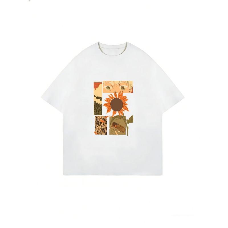 Oversized T Shirt Black Sunflower And Eyes Art Print Graphic Tee For Casual Wear