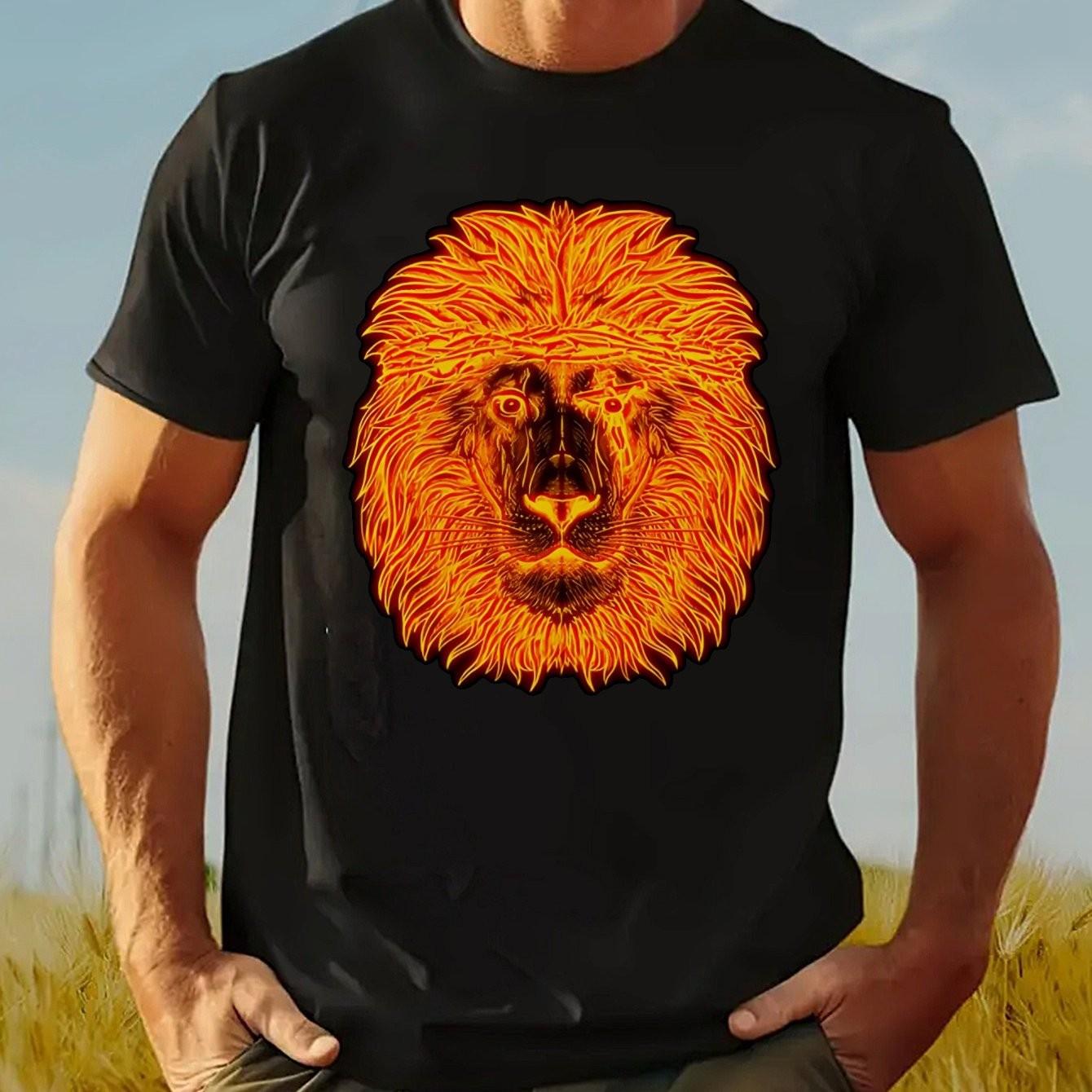 Fiery Lion Head Graphic Mens Cotton TShirt Breathable Short Sleeve Casual Tee Daily Wear S