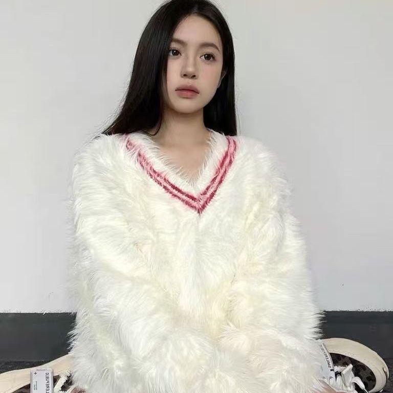 Lazy Style Soft Glutinous V-neck Sweater Women's New Thick Mink White Knitted Loose Top Long Sleeves