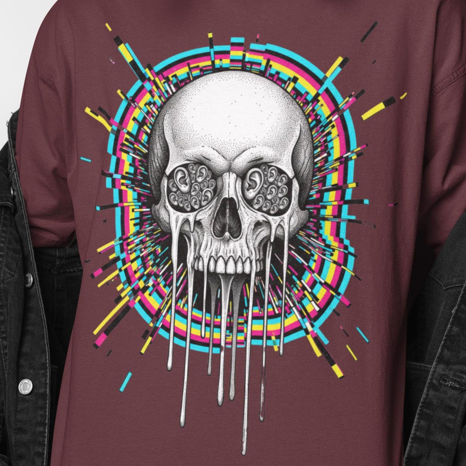 Glitch Skull Shirt | Colorful Skull Glitching Tee | Melting Glitchy Skull Tshirt S