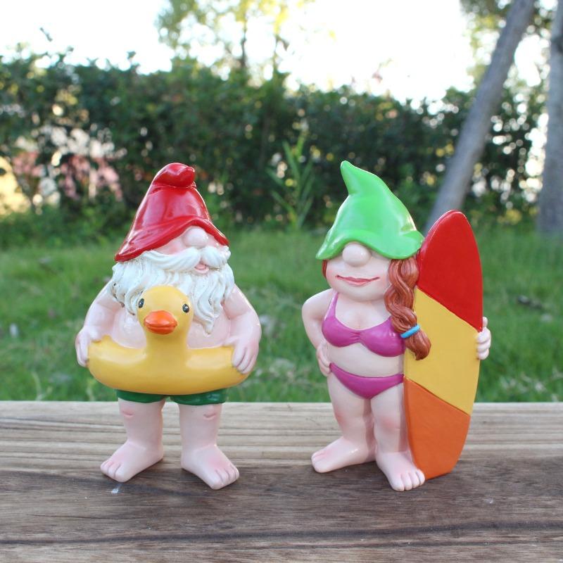 Male and Female Dwarf Surfing Statues, Garden Dwarf Ornaments, Courtyard Lawn Decoration Resin Handicrafts