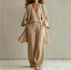 European/American Spring-Fall Three-Piece Set: Loose 9-Sleeve Cardigan, Sleeveless Vest, and Long Pants.