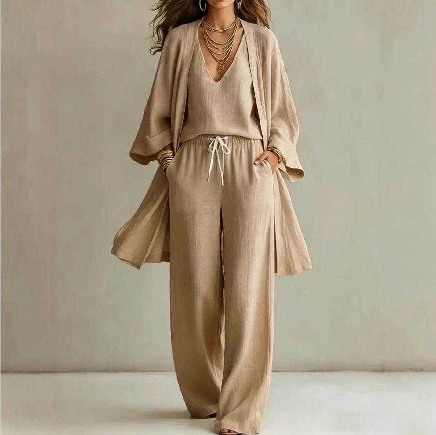 European/American Spring-Fall Three-Piece Set: Loose 9-Sleeve Cardigan, Sleeveless Vest, and Long Pants.