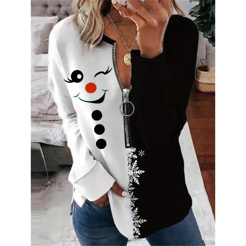 Большой размер, Женский большой размер Рождественский свитшот на молнии со снеговиком - Двухцветный черный и уютный пуловер для праздничных вечеринок, Зимние наряды 1XL белый