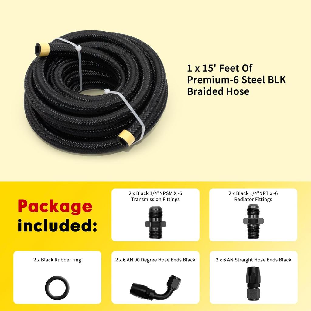 15FT AN6 Automatic Transmission Cooler Line Kit For 4L60E 4L65E - Black Nylon Braided Fuel Line Oil/Gas/Fuel Hose Kit
