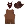 Unisex Kinder Cowgirl Kostüm Offene Weste Brustnieten Quasten Fransen Saum Weste Filz Cowboyhut Quadratisches Halstuch Set