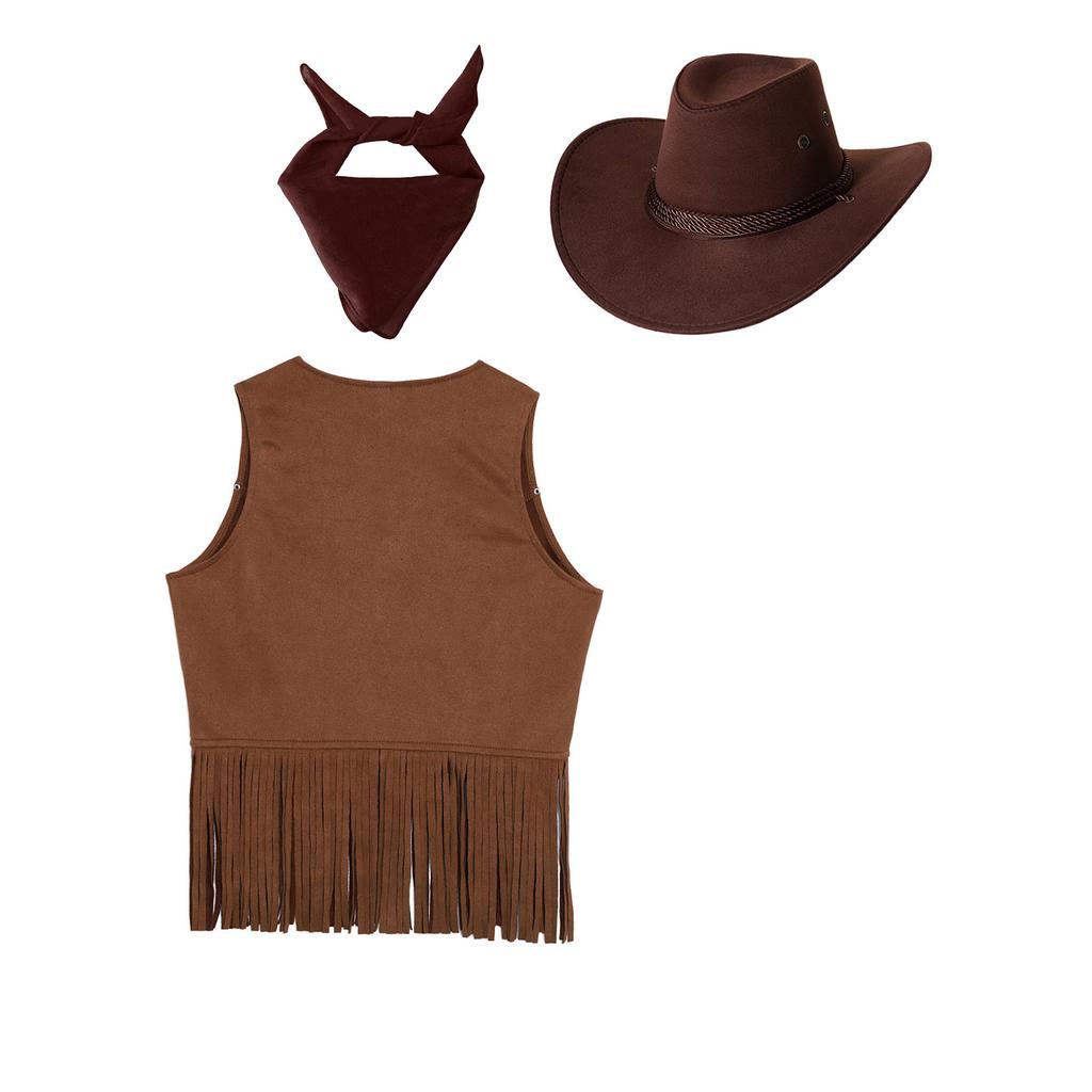 Unisex Kinder Cowgirl Kostüm Offene Weste Brustnieten Quasten Fransen Saum Weste Filz Cowboyhut Quadratisches Halstuch Set