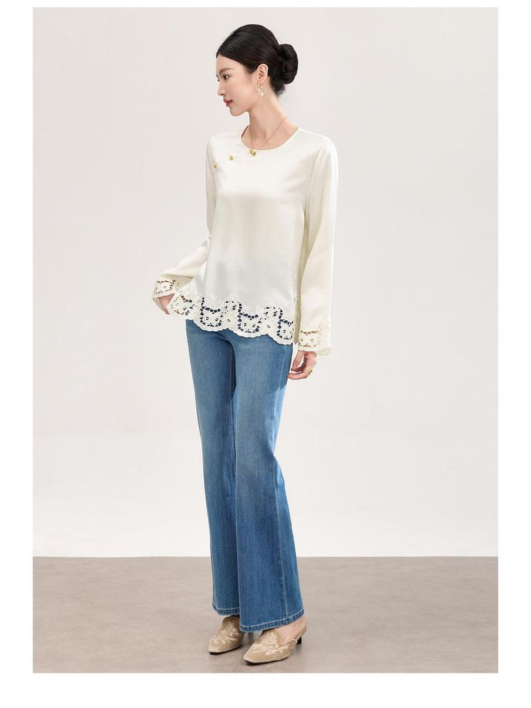 Luxurious Retro Chinese Satin Embroidery Round Neck Shirt - Early Spring Fashion