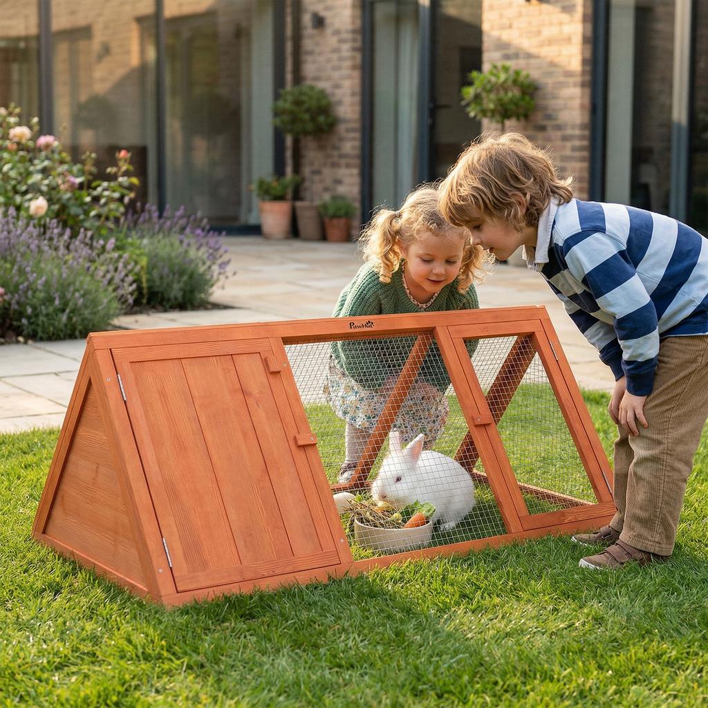 Rabbit Hutch, Wooden Guinea Pig Hutch with Run and Doors, Outdoor Triangle Bunny House for Rabbits,Duck and Chicken