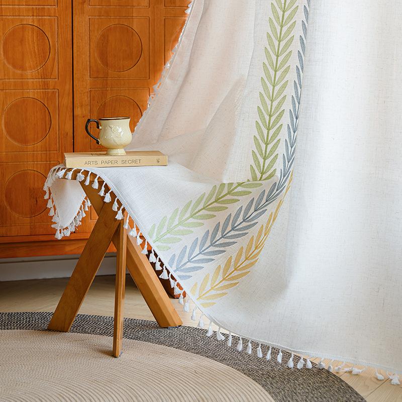 Cotton Linen Embroidery Tassel Curtains Road Pocket Shade Curtain for Kitchen Bedroom Living Room Bay Window Cabinet Curtain