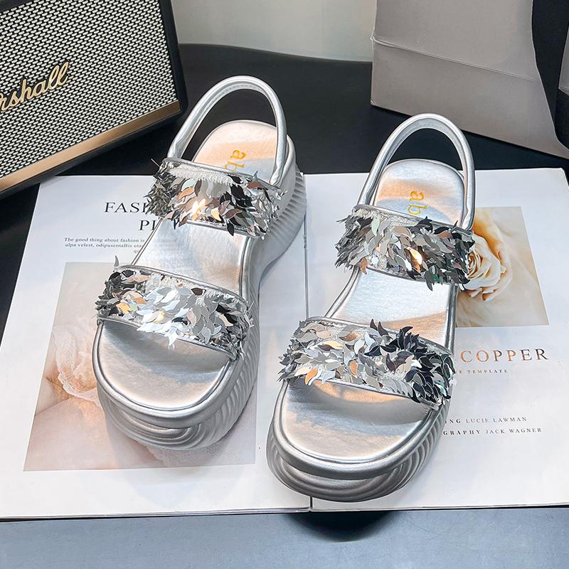 Fashion 2025 New Ladies Shoes Open Toe Women's Sandals Fashion Casual Summer Sequins Slip-on Versatile Non-Slip Platform Sandals Zapatos