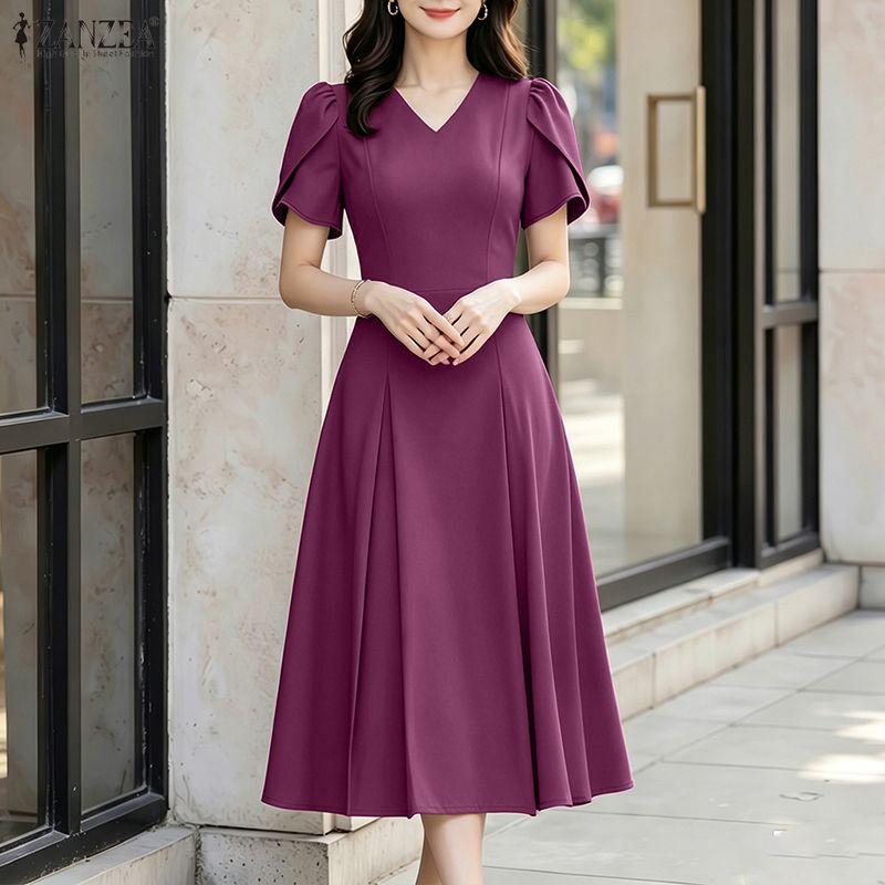 ZANZEA Women Elegant V-Neck Casual Short Sleeve Midi Dress