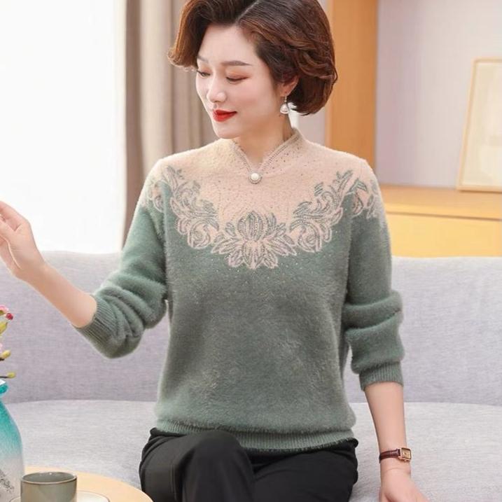 Autumn and Winter Women's Mink Fleece Sweaters Thick and Warm Plush Pullover Knitted Sweaters Stretch Print Flocked Knit Tops