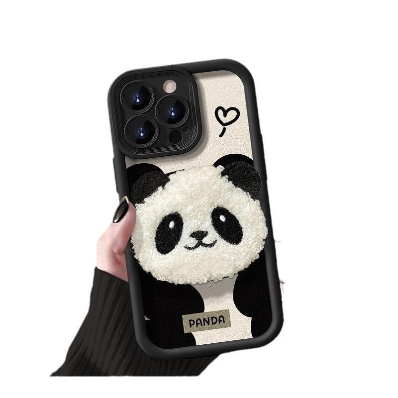 Applicable To Apple 15promax Mobile Phone Case IPhone 13/14 Cute Plush Panda Doll 11/12 Lambskin