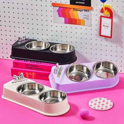 Pet Stainless Steel Double Bowl Cat Bowl and Dog Bowl Non-slip and Anti-knock Pet Bowl Butterfly Cat Food Bowl Dog Food Bowl