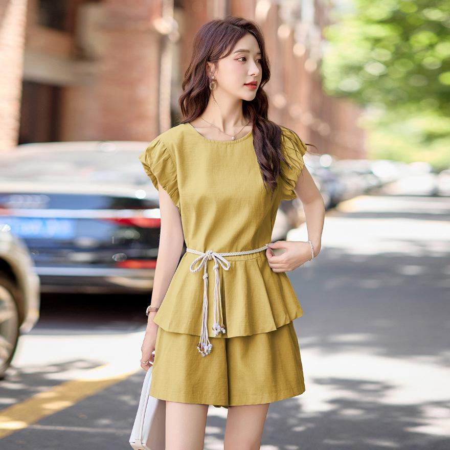 Fashion shorts set women's summer new flying sleeves thin top casual small two-piece set