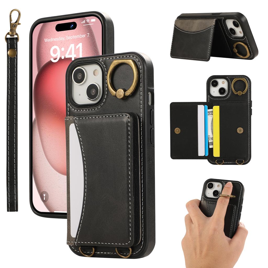 For iPhone 15 PU Leather Back Case Card Holder Kickstand Phone Cover with Wrist Strap