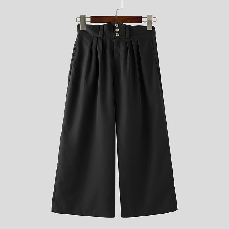 INCERUN Men High Waist Zip-up Solid Color Casual Long Palazzo Pants