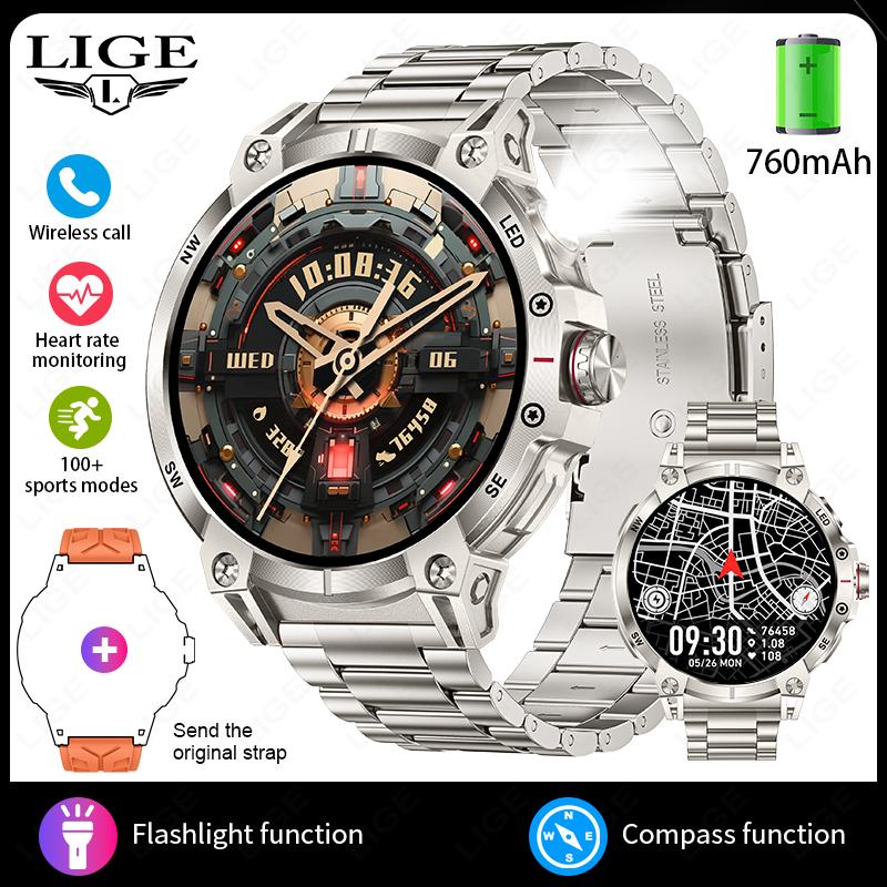 Steel 1.85" Bluetooth Call Smart Watch Men Sports Fitness Tracker Watches Outdoor LED Flashlight Compass Smartwatch 760mAh