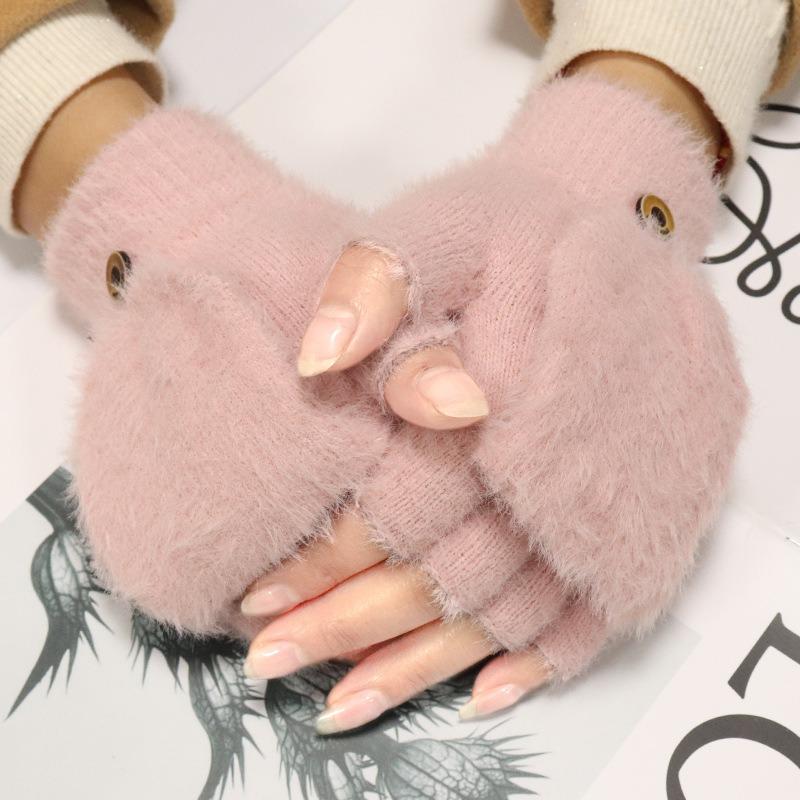Women's winter warm plush gloves student finger-exposed flip gloves outdoor gloves thickened and cold-proof