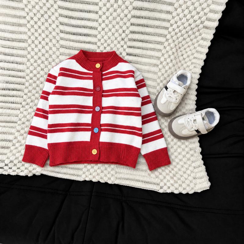 Children'S Spring And Autumn Striped Knitted Cardigan Boys And Girls Colored Button Sweater Jacket Children'S Top