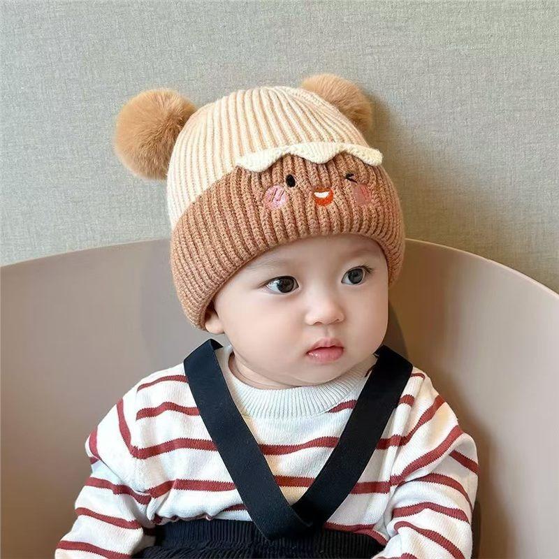 Baby hat autumn and winter cute hairball pullover hat infant thickened warm ear protector knitted wool hat