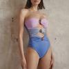 Women Sexy Monokini Decor Patchwork Swimsuit Hollow Out One-piece Sling Sleeveless Metal Button Color High
