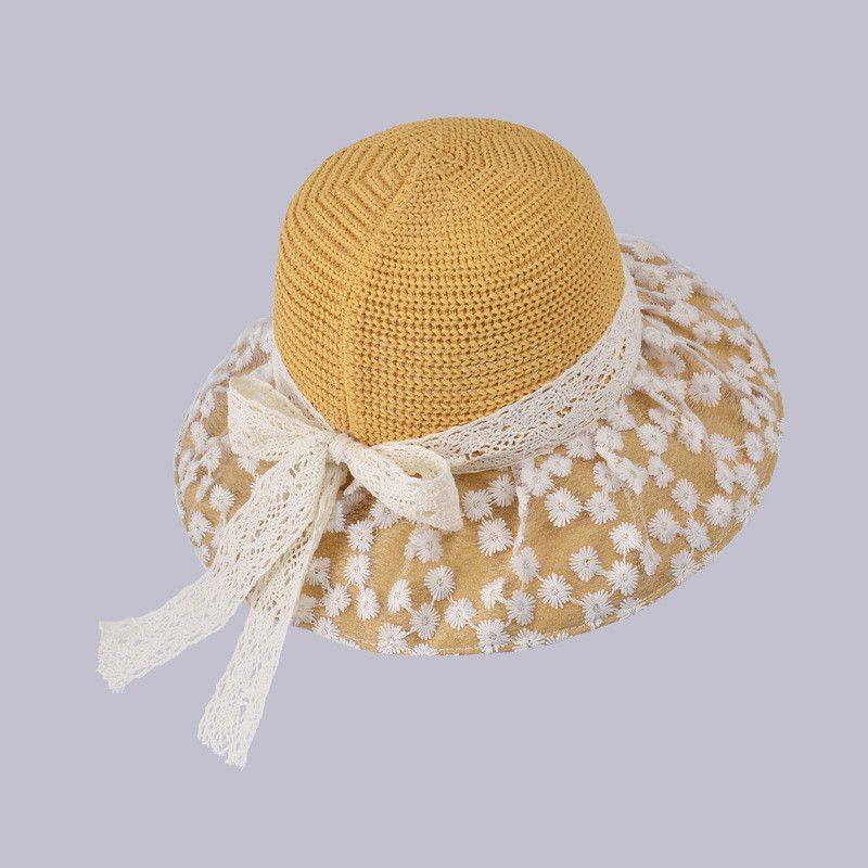 

Summer Lace Strap Bow Fisherman Hat Little Daisy Sun Hat Outdoor All-Matching Beach Enlarged Brim Sun Hat 8847-turmeric