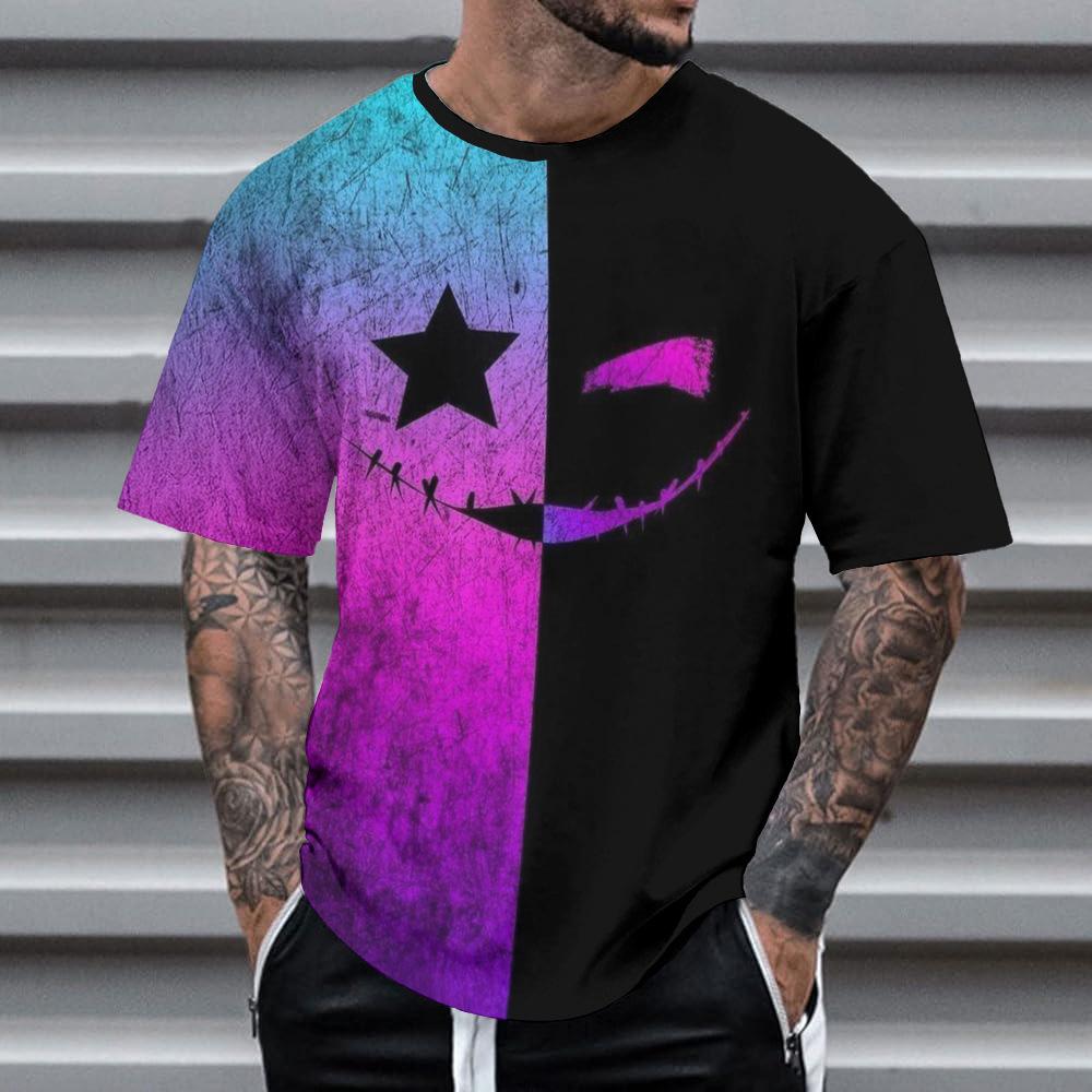 Summer Round Neck 3D Neon Graffiti Skull Graphic Print Top Fashionable Casual Short Sleeved Men's T-shirts