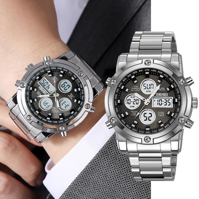 Skmei Military Sports Watches for Mens Analog Digital Display LED Waterproof Chronograph Three Time Zones Quartz Calendar Watch