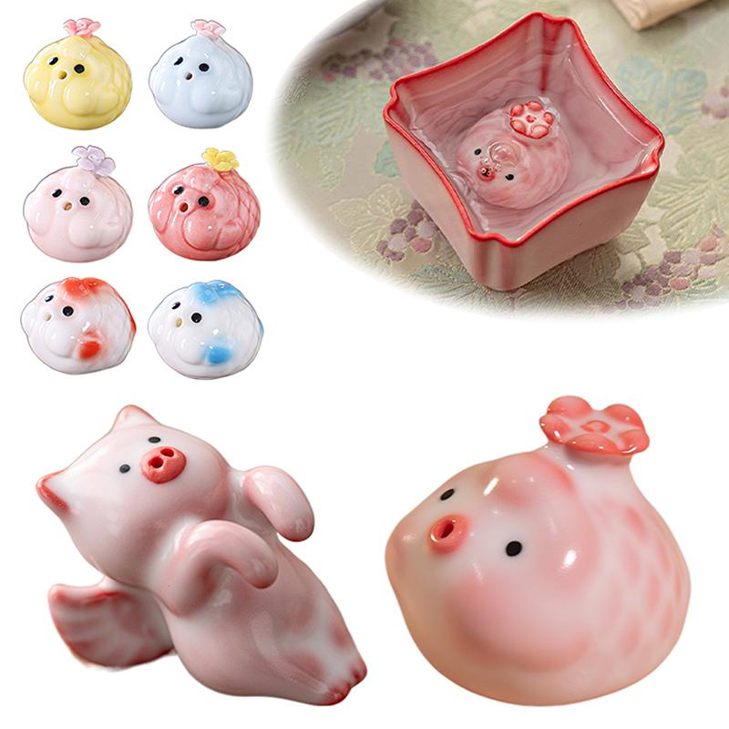 Estatua de Mascota de Té de Cerámica Pez Pececito Escupe Burbujas Bajo Fondo de Taza Rosa Escupe Burbujas Adorno de Cerdito Tazas de Agua Decoración de Taza Regalo