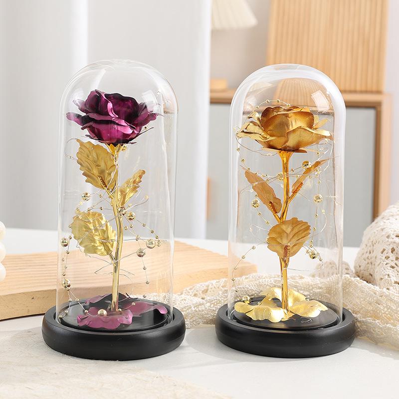 Gold Foil Rose Glass Lampshade Ornament with Gold Beads - Preserved Flower Gift for Birthday or Confession