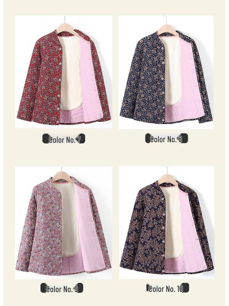 Grandma's Winter Floral Cotton Jacket with Velvet Lining - Warm, Thickened, Small Size for Elderly Women
