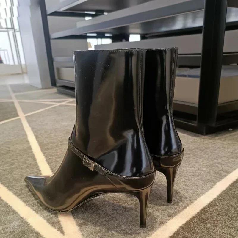 Black Leather Sexy Pointed Toe High Ankle Boots Women Fashion Metal Buckle Side Zip Design Heels Botas Mujer Elegant Woman Shoe