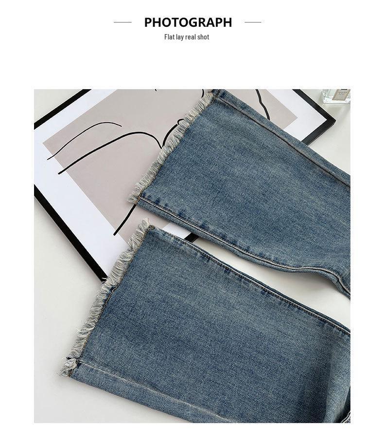 Women's High Waist American-Style Retro Flared Jeans - Elastic Slim Straight Horseshoe Trousers with Raw Edge Finish