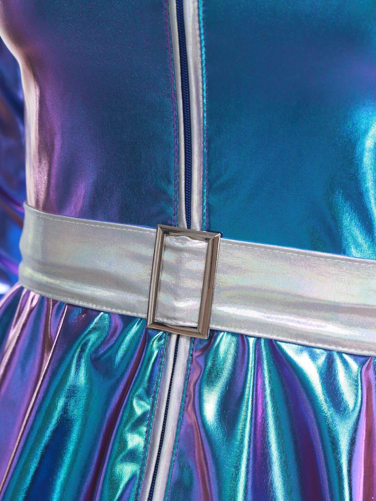 Womens Alien Costume Long Sleeves Front Zip A Line Dress Belt Design Shiny Metallic Outer Space Robot Costume