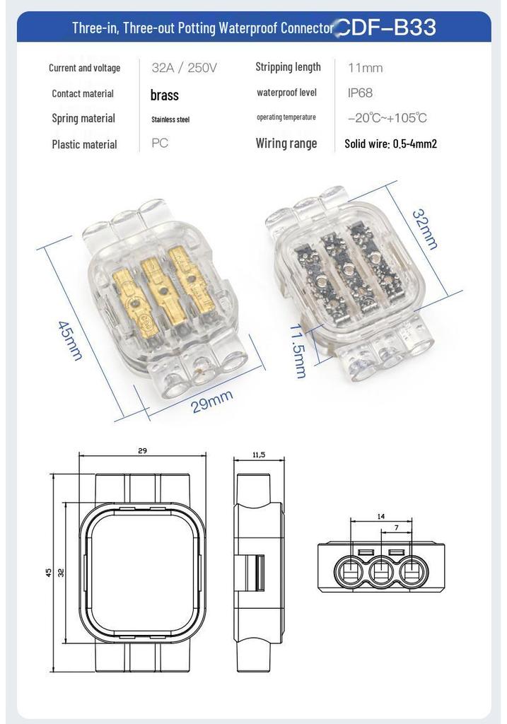 Compact Waterproof 2-In 2-Out Quick Wiring Terminal for Single Strand Hard Wire