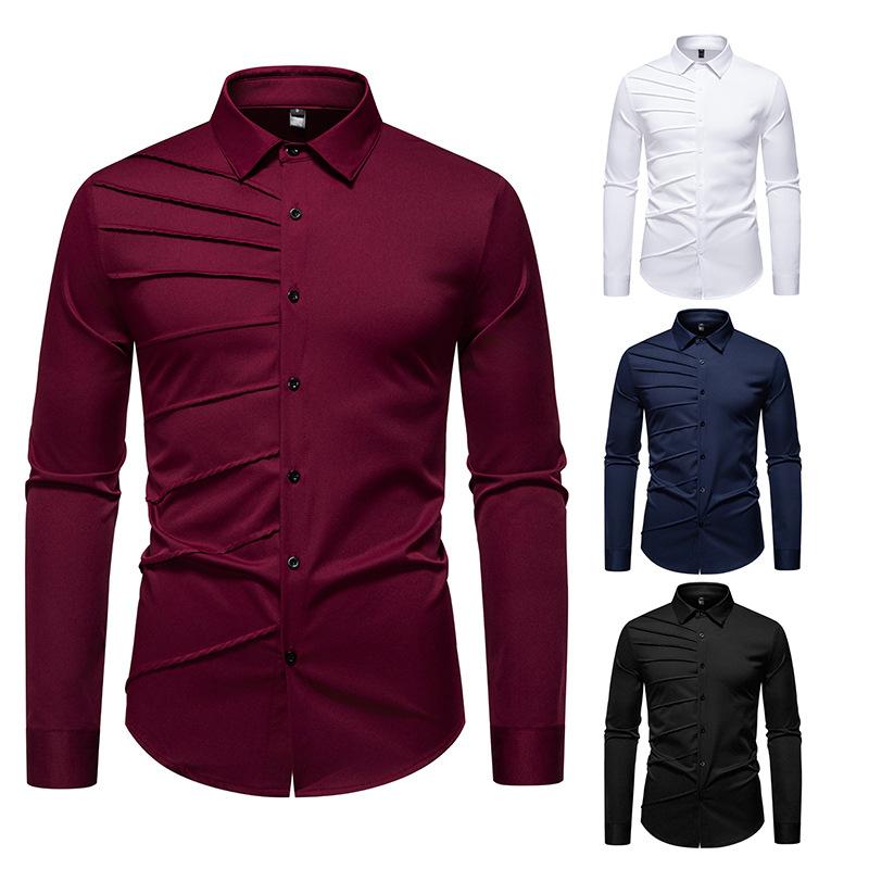 Autumn Men'S Solid Color Pleated Design Long-Sleeved Shirt European Size Men'S Loose Shirt