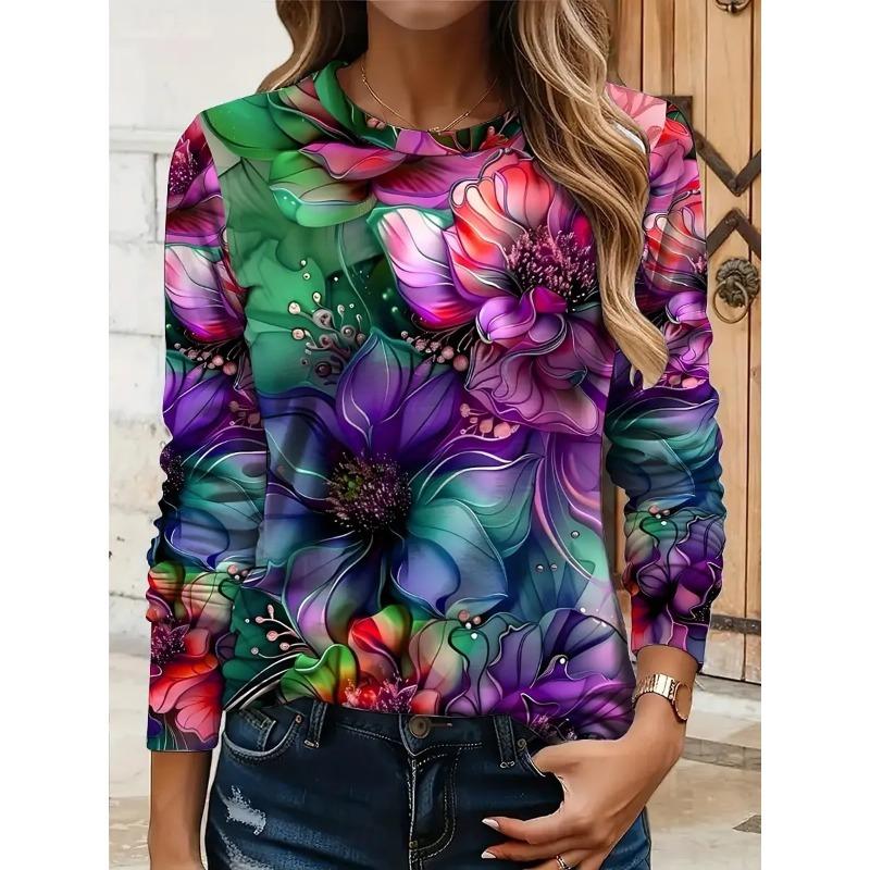 Women's 3D floral print T-shirt fashionable long-sleeved round neck regular tops holiday weekend spring and autumn