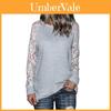Korean Style Womens Lace Panel Long Sleeve Slim Fit Blend Round Neck Casual Top