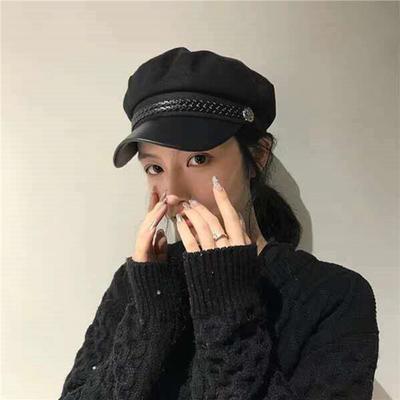 Koreanische Herbst und Winter Baskenmütze Hut Frauen Casual Allgleiches PU Leder Hut Navy Hut Britischen Retro Flache Schirmmütze
