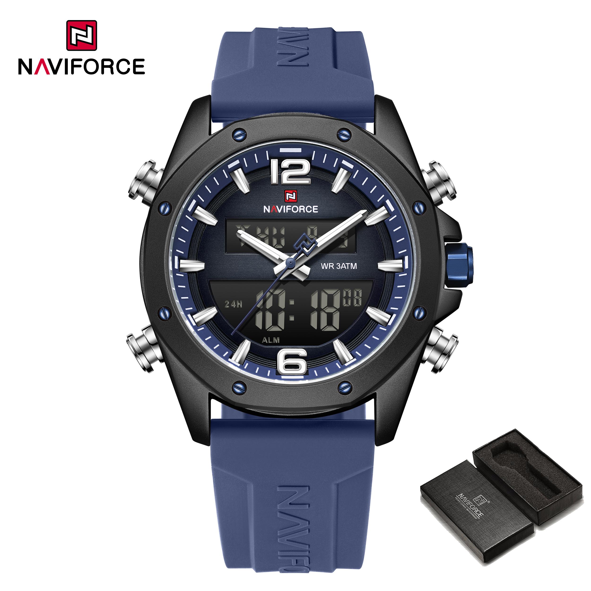 

Naviforce Оригінальний годинник з подвійним часом для чоловіків РК-цифровий годинник Кварцовий годинник Календар Дата Силіконовий ремінець Водонепроникний NF9264 синій
